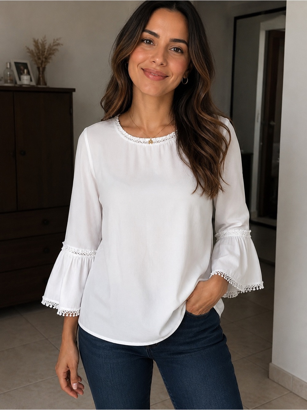 Lightweight White Women's Blouse with Crochet Neck